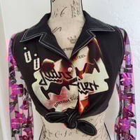 Image 2 of Judas Priest crop top with lipstick print mesh sleeves size XS-S (petite)