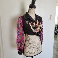 Image 4 of Judas Priest crop top with lipstick print mesh sleeves size XS-S (petite)