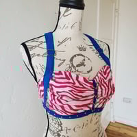 Image 4 of Pink zebra and royal blue bralette with d-rings and chains