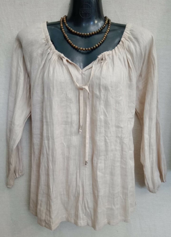 Image of Pure Linen Peasant Top - Natural (3/4 sleeve)