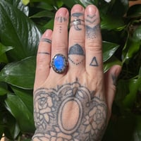 Image 4 of Blue Moonstone Ring with Moon Phase Stamped Band~Size 7