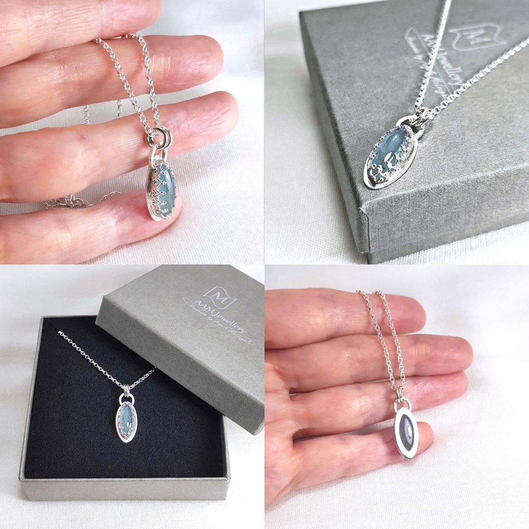 Image of Sterling Silver Aquamarine Pendant Necklace, Handmade Solid Silver Pendant with Genuine Aquamarine