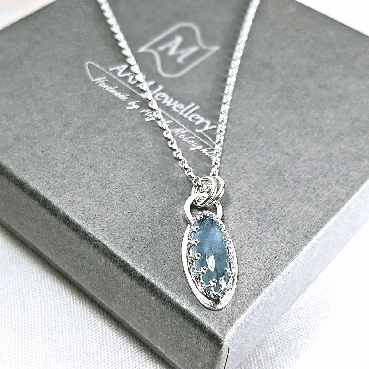 Image of Sterling Silver Aquamarine Pendant Necklace, Handmade Solid Silver Pendant with Genuine Aquamarine