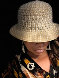 Image 1 of Pearl Rhinestone Embellished Straw Bucket Hat