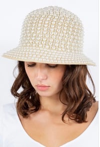 Image 2 of Pearl Rhinestone Embellished Straw Bucket Hat