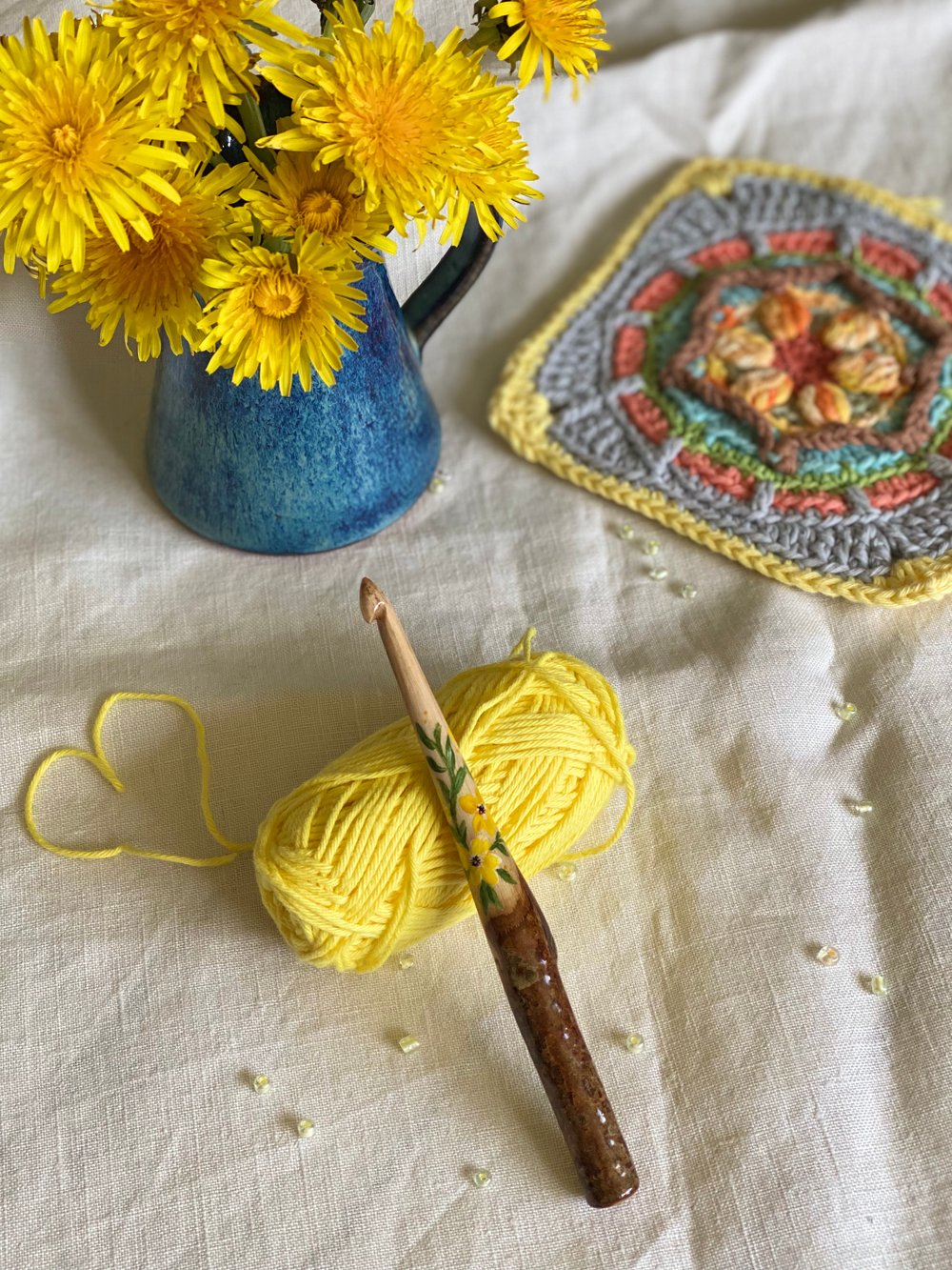 Image of Hand-carved crochet hook with satin yellow flowers