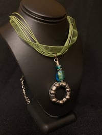 Image 2 of Bearing Necklace and Earring Set with Green and Teel Glass Beads