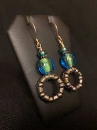 Image 3 of Bearing Necklace and Earring Set with Green and Teel Glass Beads