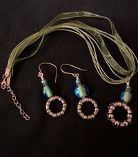 Image 1 of Bearing Necklace and Earring Set with Green and Teel Glass Beads