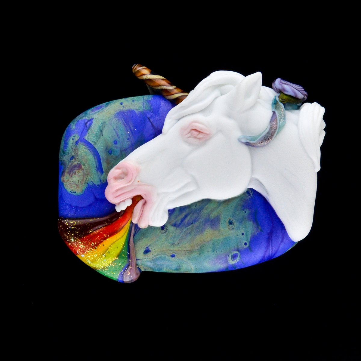 Image of XXXL. Rainbow Puking Unicorn on blue - Flamework Glass Sculpture