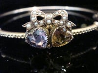 Image 2 of VICTORIAN EDWARDIAN 9CT DOUBLE HEART AMETHYST CITRINE SEED PEARL BANGLE 4.8G
