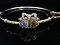 Image 1 of VICTORIAN EDWARDIAN 9CT DOUBLE HEART AMETHYST CITRINE SEED PEARL BANGLE 4.8G