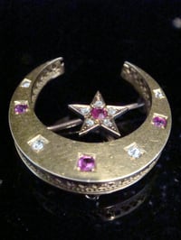 Image 1 of ORIGINAL EDWARDIAN 9CT YELLOW GOLD NATURAL RUBY DIAMOND CRESCENT STAR BROOCH