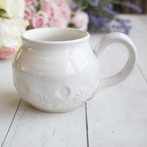 Image of White Pottery Mug in Botanical Design, 13 Ounce Tea Cup, Made in USA