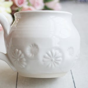 Image of White Pottery Mug in Botanical Design, 13 Ounce Tea Cup, Made in USA