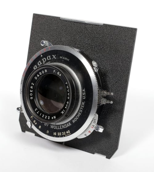 Image of Goerz Dagor 8 1/4" [210mm] F6.8 Lens in Rapax #1 Shutter #173 on linhof board