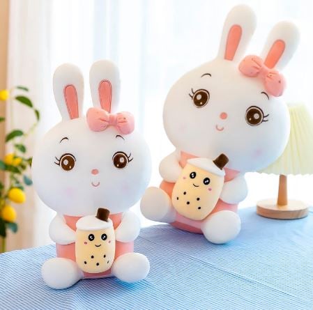 Image of Kawaii Boba Rabbit Plush - Soft Stuffed Animal for Girls, Kids - Cute Home Decor Gift