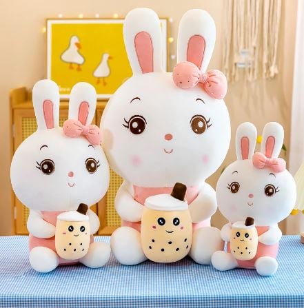 Image of Kawaii Boba Rabbit Plush - Soft Stuffed Animal for Girls, Kids - Cute Home Decor Gift