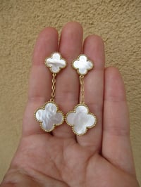 Image 3 of Kate Middleton Princess of Wales Inspired Replikate Mother of Pearl Clover Earrings