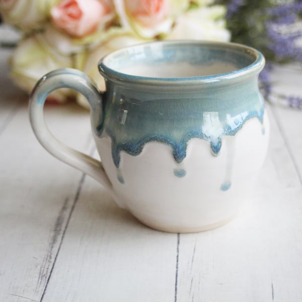 Image of Dripping Blue and White Glazed Mug, 14 oz. Handcrafted Stoneware Pottery Coffee Cup, Made in USA