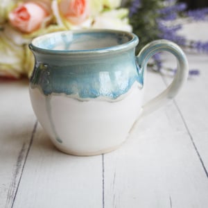 Image of Dripping Blue and White Glazed Mug, 14 oz. Handcrafted Stoneware Pottery Coffee Cup, Made in USA