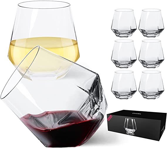 Image of JBHO Stemless Wine Glasses Set of 6, Red or White Small Wine Glass set, 10oz Diamond Shaped