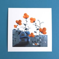 Image 2 of Blue house between flowers print