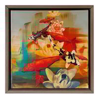 Image 1 of Original Canvas - Koi with Lilies on Turquoise/Cadmium Orange - 30cm x 30cm