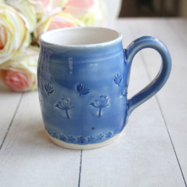 Image of Blue and White Mug with Spring Flowers Theme, Handmade Pottery Coffee Cup, Made in USA