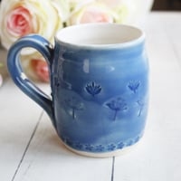 Image 2 of Blue and White Mug with Spring Flowers Theme, Handmade Pottery Coffee Cup, Made in USA