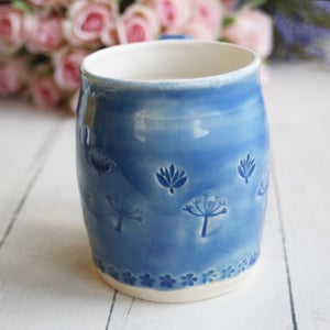 Image of Blue and White Mug with Spring Flowers Theme, Handmade Pottery Coffee Cup, Made in USA