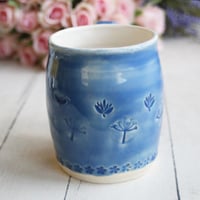Image 3 of Blue and White Mug with Spring Flowers Theme, Handmade Pottery Coffee Cup, Made in USA