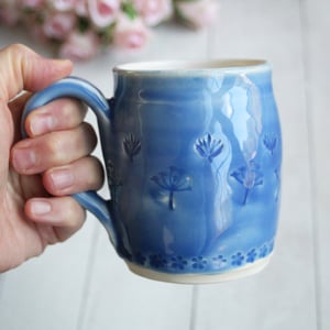 Image of Blue and White Mug with Spring Flowers Theme, Handmade Pottery Coffee Cup, Made in USA