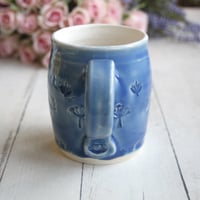 Image 4 of Blue and White Mug with Spring Flowers Theme, Handmade Pottery Coffee Cup, Made in USA