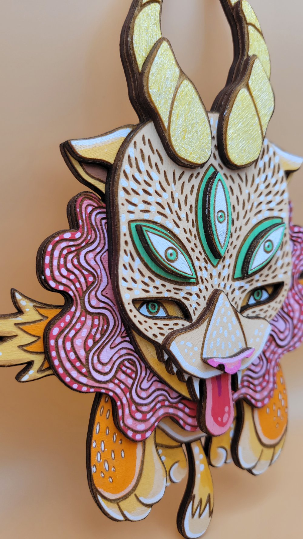 Chaos Spirit - Hand Painted 3D Wooden Sculpture - Wall Art - Winged Cat Dragon