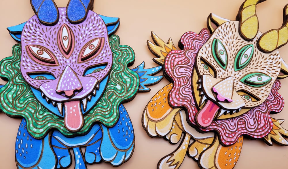 Chaos Spirit - Hand Painted 3D Wooden Sculpture - Wall Art - Winged Cat Dragon