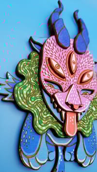 Image 4 of Chaos Spirit - Hand Painted 3D Wooden Sculpture - Wall Art - Winged Cat Dragon