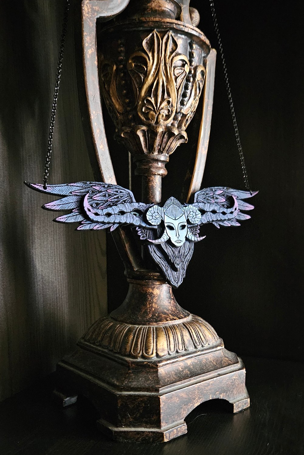 Death from Guillermo Del Toro's Pinocchio Fan Art hand painted wooden necklace
