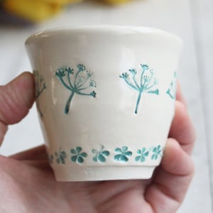 Image of Green and White Floral Decorated Match Striker Cup, Handcrafted Shot Glass, Made in USA