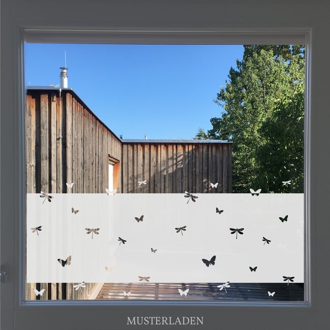 Fensterfolie mit Schmetterlingen und Libellen, Fensterdeko und Sichtschutz aus selbstklebender Folie