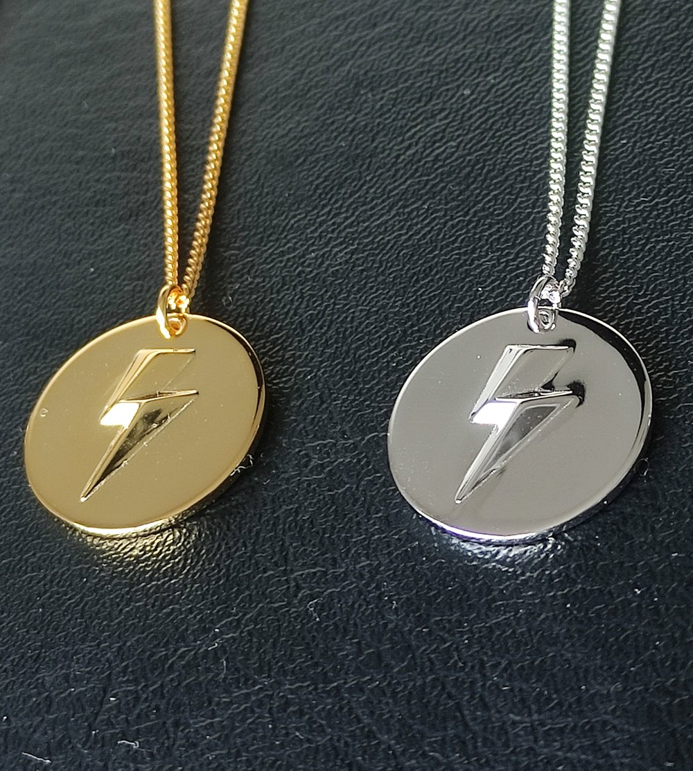Gold 3D Lightning Bolt Circular Pendant and Chain (925 Silver)