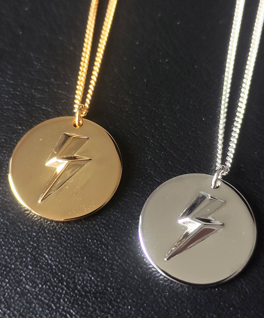 Gold 3D Lightning Bolt Circular Pendant and Chain (925 Silver)