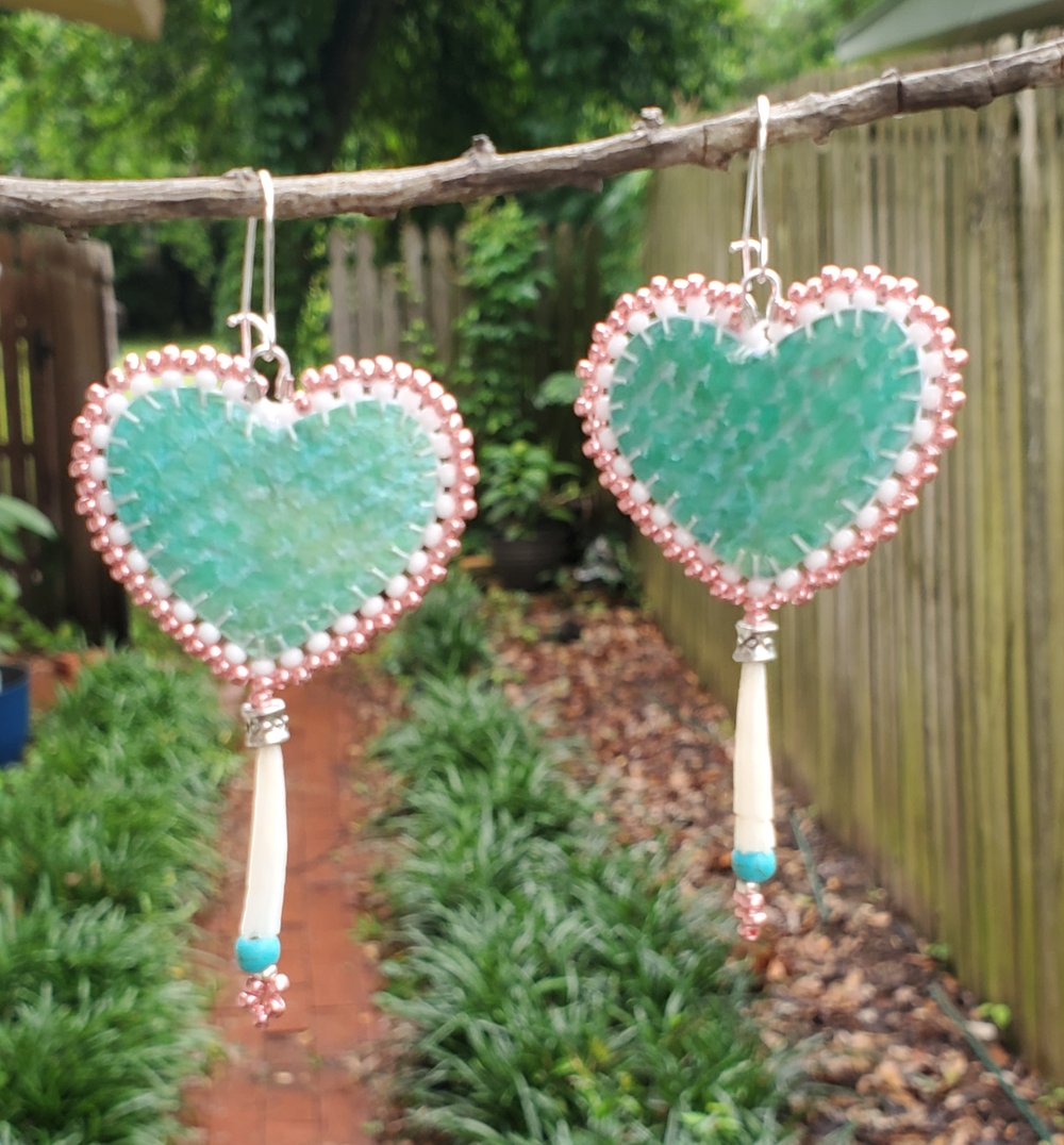 Image of Turquoise Heart Salmon Skin & Dentalium Earrings