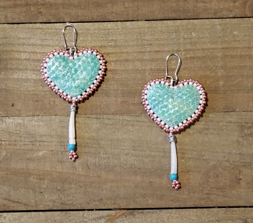 Image of Turquoise Heart Salmon Skin & Dentalium Earrings