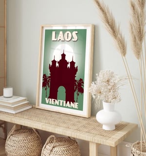 Image of Vintage poster Laos - Vientiane - Patuxai - Fine Art Print - Tropical green