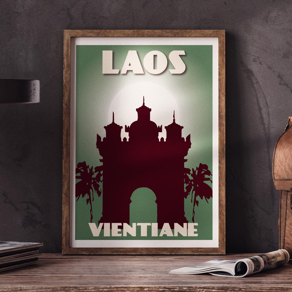 Image of Vintage poster Laos - Vientiane - Patuxai - Fine Art Print - Tropical green