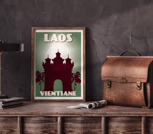 Image of Vintage poster Laos - Vientiane - Patuxai - Fine Art Print - Tropical green