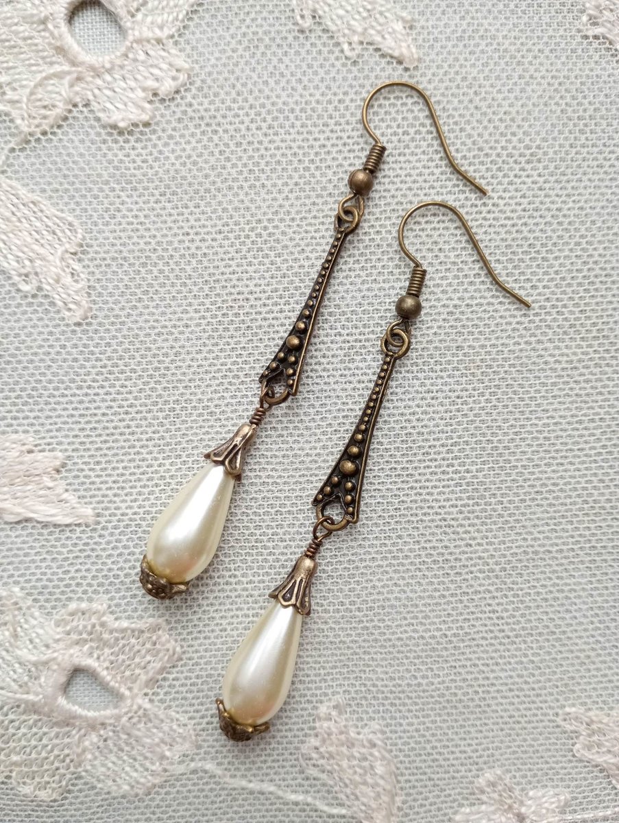 1920s Art Deco Pearl Teardrop Earrings, Ivory Bronze