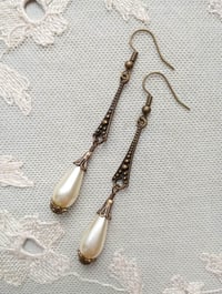 Image 1 of 1920s Art Deco Pearl Teardrop Earrings, Ivory & Bronze