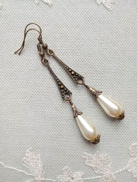 Image 5 of 1920s Art Deco Pearl Teardrop Earrings, Ivory & Bronze